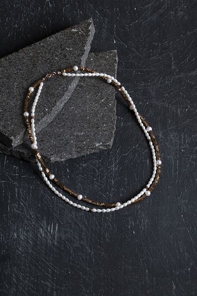 OSMANLI DOĞAL TAŞ Certified Pearl and Hematite Natural Stone Necklace