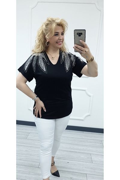 Esina Women's Shoulder Front and Back Stone Detailed Viscose Blouse