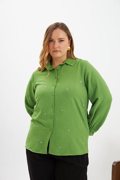RMG Plus Size Stone Detail Shirt Green