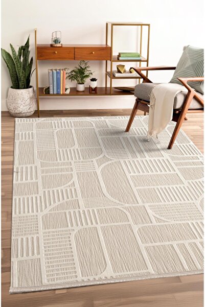 Cotto Home Tablo TL008A Beyaz Halı Geometrik Desen Pamuk Taban Yıkanabilir Sa...
