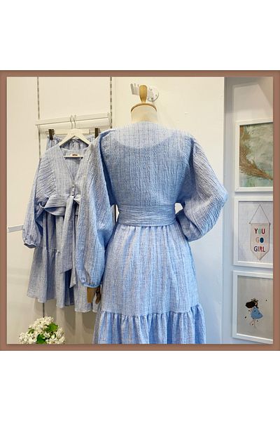 Faya Boutique Blue Balloon Sleeve Skirt Wrinkled Suit