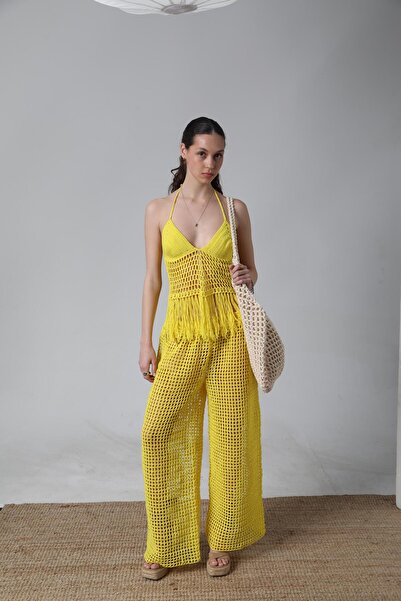 sinkop Merserize el örgüsü file belden bağcıklı yazlık plaj parti pantolon