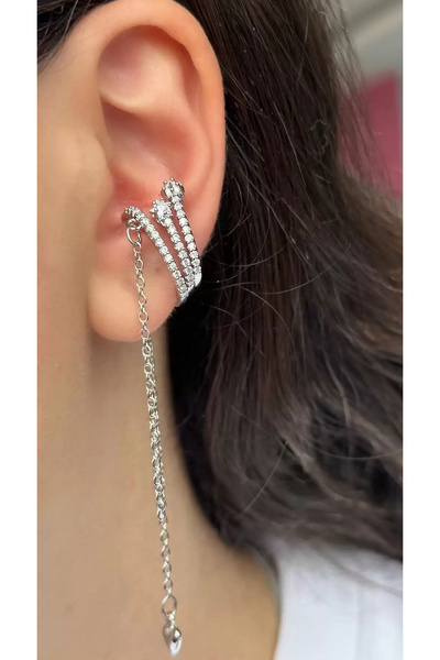 AychaAksesuar Çelik vip seri zirkon taşlı sallantılı zincirli geçirmeli gümüş renk kıkırdak küpe