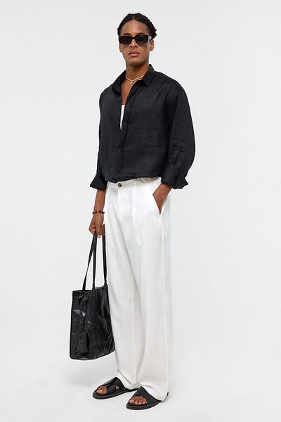 VAMOSCLO 100% Linen Oversize Long Sleeve Shirt Black