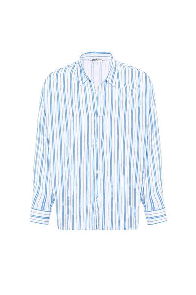 VAMOSCLO Striped Long Sleeve Oversize Linen Shirt Blue