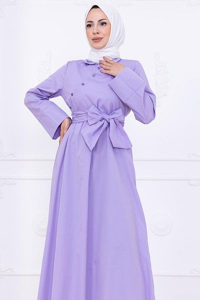 hafsamina Front Cross Button Belted Dress Lilac Hm2755