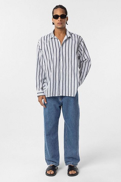 VAMOSCLO Striped Long Sleeve Oversize Linen Shirt Navy Blue