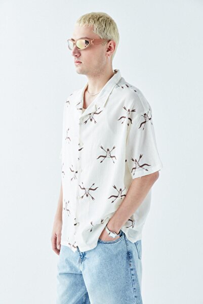VAMOSCLO Оверсайз сорочка без кишень з коротким рукавом та візерунком, екрю