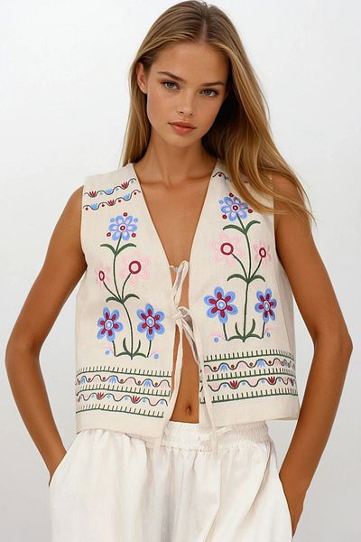 VAGGON Women's Cream Embroidered Lace Detailed Design Raw Linen Vest Vs00241