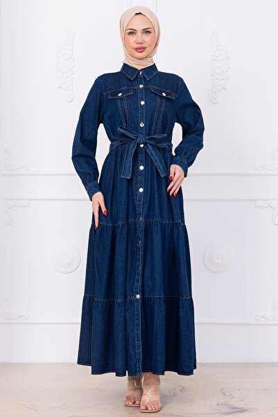 hafsamina Τζιν φόρεμα με κουμπιά μπροστά και ζώνη HM2764 Σκούρο Μπλε
