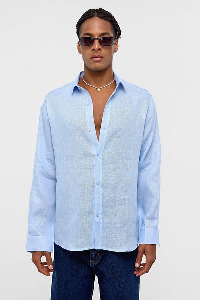 VAMOSCLO 100% Linen Oversize Long Sleeve Shirt Baby Blue
