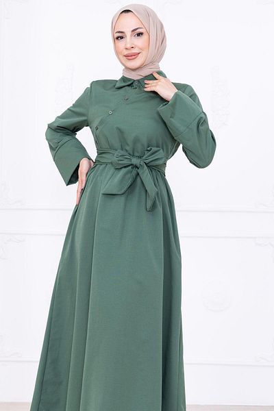 hafsamina Front Cross Button Belted Dress Green Hm2755