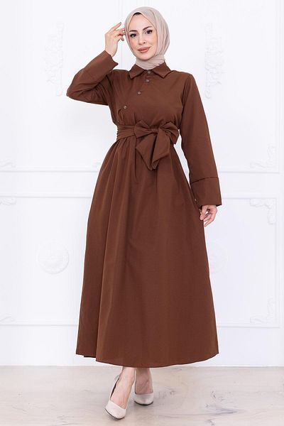 hafsamina Front Cross Button Belted Dress Brown Hm2755