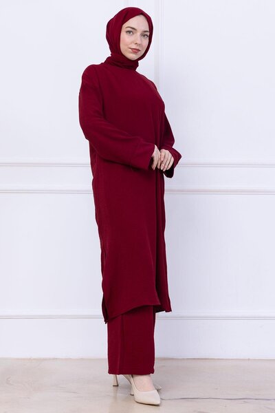 hafsamina Ayrobin Suit with Long Tunic Burgundy Hm2770