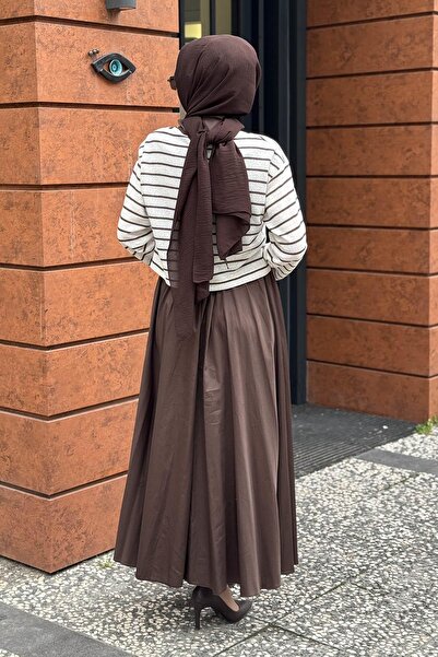 Venöve Çizgi Triko Detaylı Tasarım Kadın Elbise Kahve