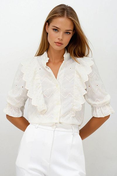 VAGGON Women's Cream Half Sleeve Elastic Ruffle Detailed Guipure Shirt Vs00237