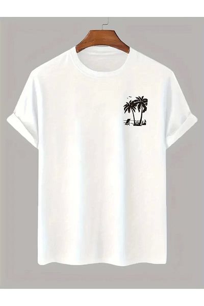CVS 20/1 Combed Cotton Compack Palm Printed Oversize Crew Neck Short Sleeve T-Shirt - White
