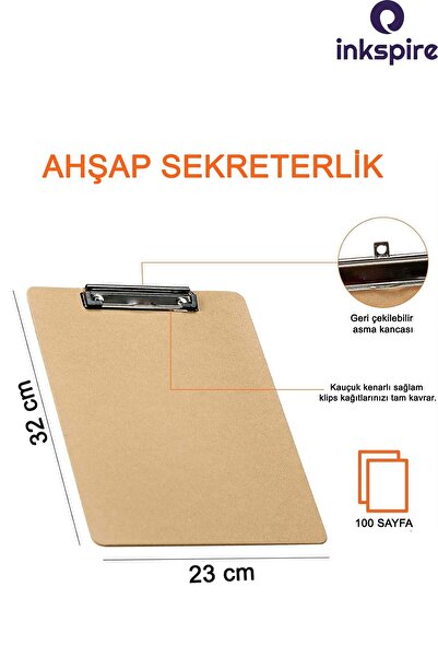 inkspire Ahşap Kapaksız Sekreterlik A4 1 Adet Tahta Evrak Tutucu Tepeden Kıskaçlı Dosya Bloknot Yazı Tablası