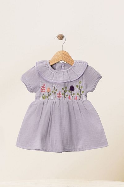 Baby s Breath Flower Girl's Summer Muslin Fabric Ruffled Collar Flower Embroidered Baby Dress