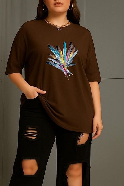 BENROMA In Cart 6 or More Purchases Get 1 T-Shirt as a Gift - Large Size Colorful Feather Printed Unisex T-Shirt