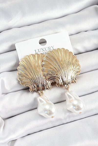 NEZADE STORE Brass Oyster Model Dangle Pearl Detailed Gold Color Women's Earr...