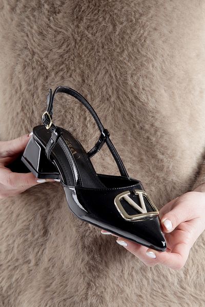 leopar by çetinay Clv196 Special Gold Buckle Detailed Patent Leather Women's Heeled Shoes/Stiletto