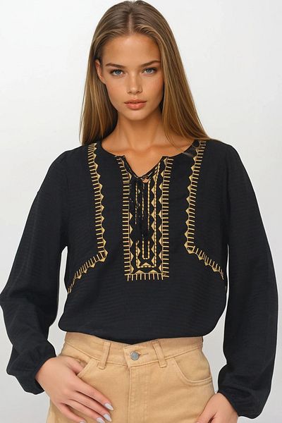 VAGGON Women's Black Embroidered Dobby Lace Detailed Blouse Vs00244