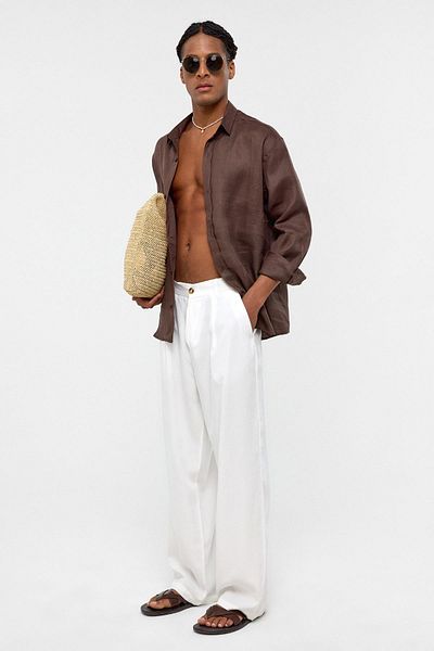 VAMOSCLO 100% linen Oversized long sleeve shirt coffee