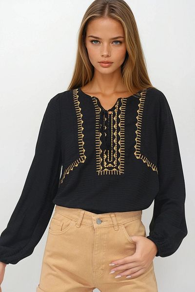 VAGGON Women's Black Embroidered Dobby Lace Detailed Blouse Vs00244