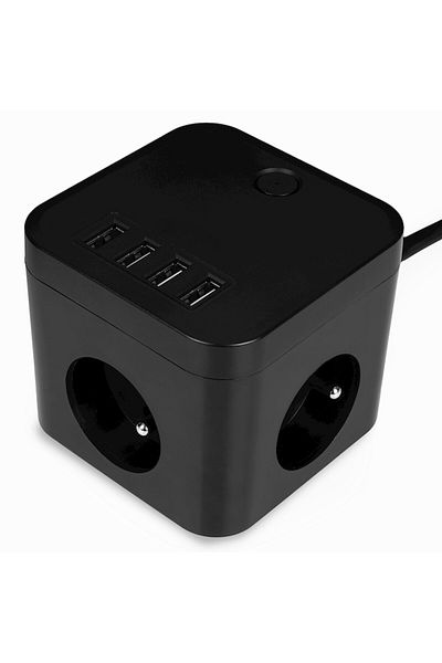 OEM Prelungitor tip cub cu 3 prize și 4 porturi USB-A, cablu de 1,5 m, indicator LED, negru