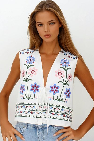 VAGGON Vestă de in brut pentru femei, albă, cu design detaliat cu șireturi brodate Vs00241