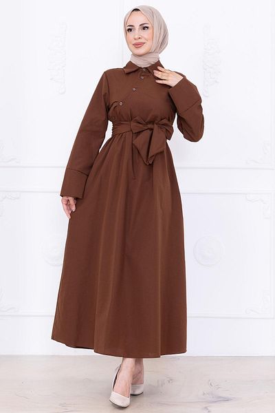 hafsamina Front Cross Button Belted Dress Brown Hm2755