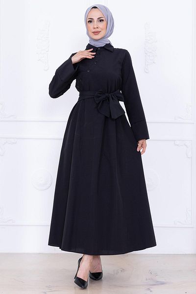hafsamina Front Cross Button Belted Dress Black Hm2755