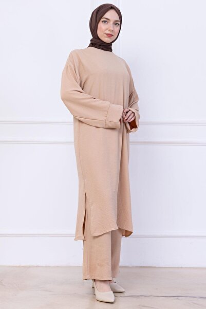 hafsamina Ayrobin Suit with Long Tunic Beige Hm2770