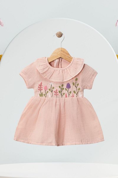 Baby s Breath Flower Girl's Summer Muslin Fabric Ruffled Collar Flower Embroidered Baby Dress