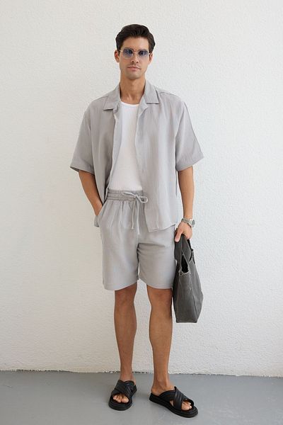Livio Ferri Xar Men's Oversize Muslin Shorts Shirt Suit 100% Cotton Soft Feel