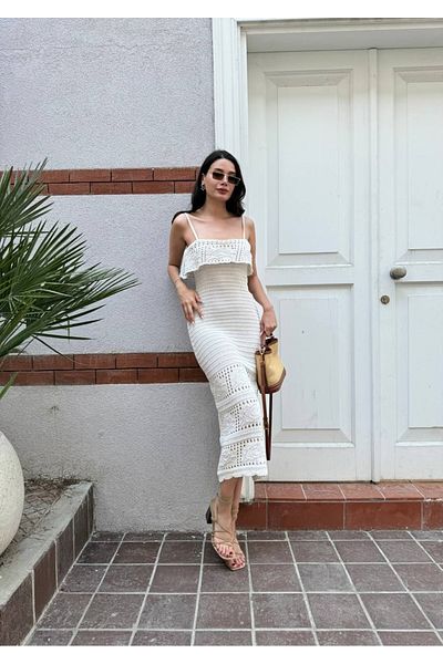 manana fashion Stone Color Strap Neck Detail Openwork Knitted Women's Summer Knitwear Midi Dress