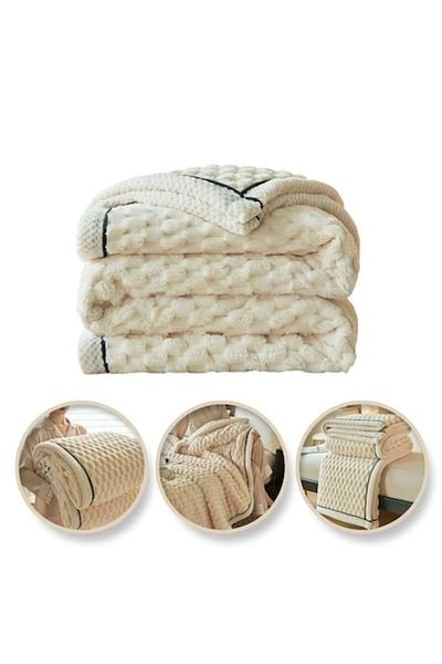 Manolex Multifunctional fluffy blanket made of double flannel, soft, reinforced edges, 180x200 cm, Beige col