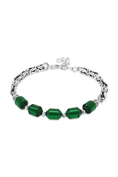 Tesbihane Non-Tarnish Metal King Chain White Dorica Ball Decorated Green Fire Amber Men's Bracelet