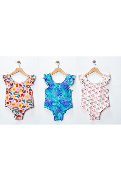 minitrends 3 Pcs Girls' Shoulder Ruffle Swimsuit