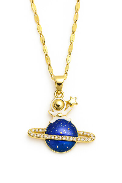MakeWell قلادة من الفولاذ المقاوم للصدأ باللون الذهبي بتصميم كوكب زحل