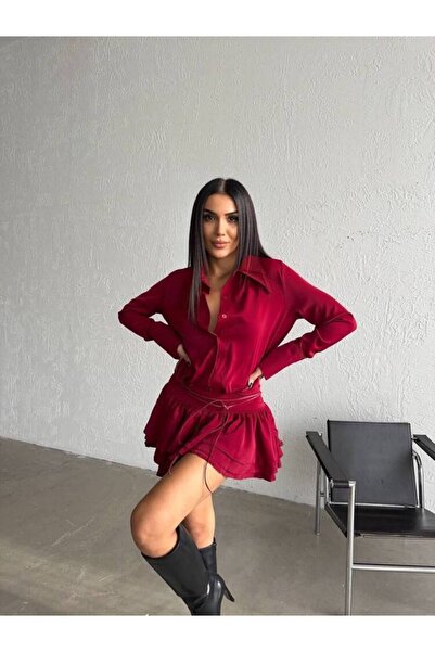 MAXMOOR JANA KATLI BEL DETAYLI MİNİ TİRİL GOMLEK BORDO ELBİSE