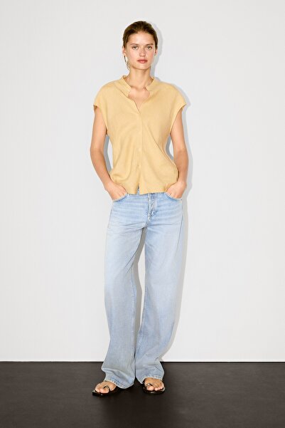 Massimo Dutti Açık yaka %100 keten dökümlü bluz