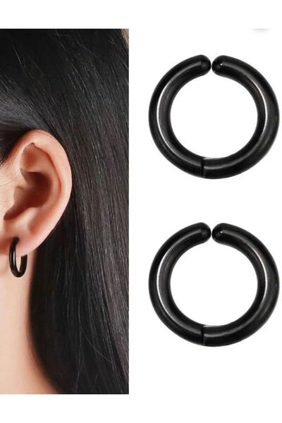Piercing Market Steel & Silver Unisex Black Compression Fake Steel Hoop Earrings 2 Pcs