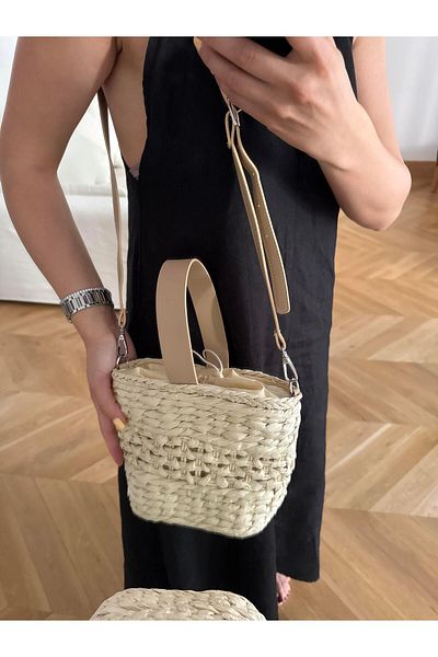 Tina İstanbul Leather Handle Wicker Basket Bag Beige