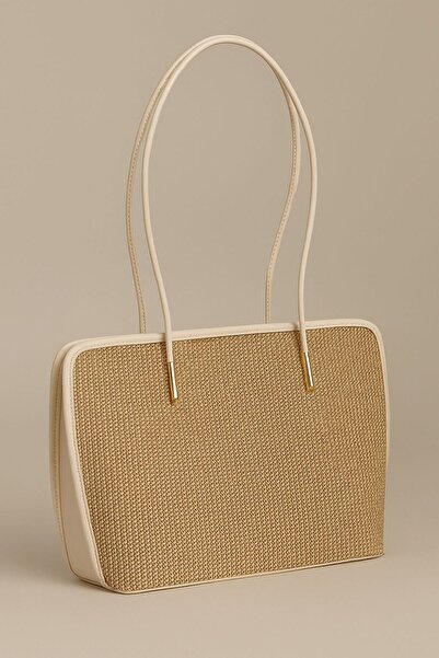 Timeless Brown Straw Textured Shoulder Bag – Leather Detail, Zippered Inner Compartment