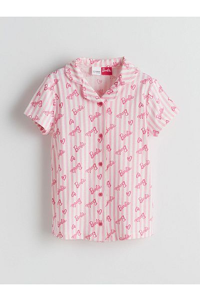 LC Waikiki Pink Shirt Collar Barbie Patterned Girl's Shorts Pajama Set