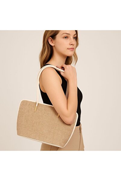 Timeless Brown Straw Textured Shoulder Bag – Leather Detail, Zippered Inner Compartment