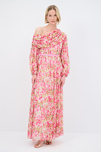 adL Mert Aslan Kemerli Desenli Uzun Şifon Elbise