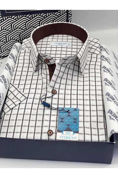 Fitmens Classic Short Sleeve Checkered Gift Boxed Men's Shirt Fs-004155 - White Coffee